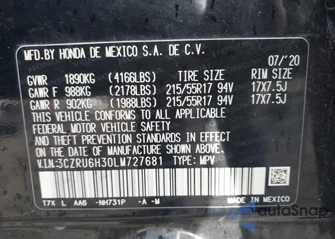 2020 Honda Hr-V Awd Lx from USA, damaged, VIN 3CZRU6H30LM727681